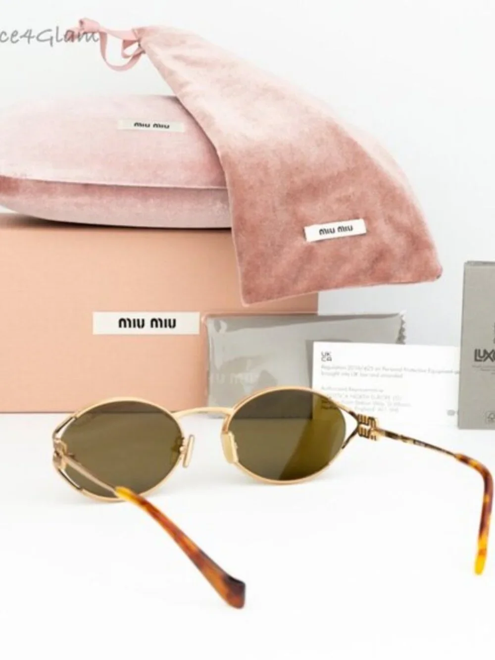 Miu Miu Gold Frame Sunglasses with Olive Lenses and Tortoiseshell Temples